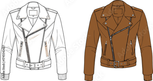 Biker jacket illustration, fashion design sketch, colored and line comparison, brown leather apparel vector, garment construction concept art