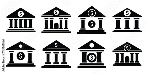 bank silhouette business vector icon bundle