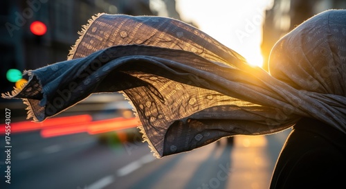 Woman with a scarf in the wind at sunset