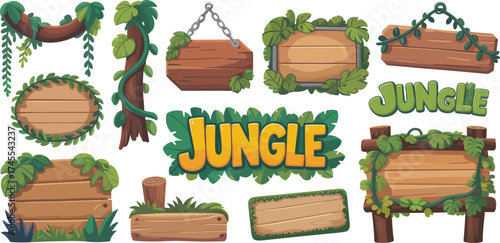 Cartoon jungle wooden signboard set with vines and leaves, tropical game design elements, adventure forest UI decoration assets