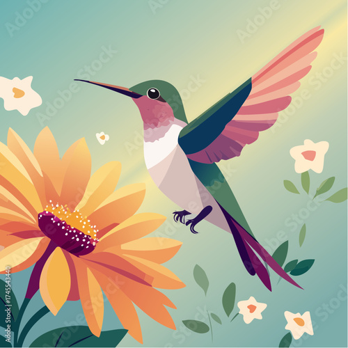 Hummingbird hovering near sunflower with transparent background