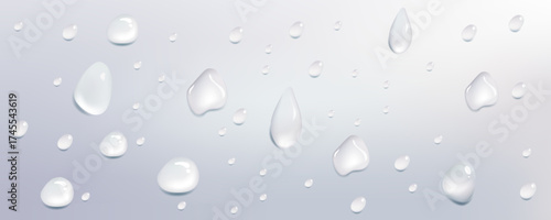 Transparent rain drops flowing down the glass with realistic wet condensation texture.
