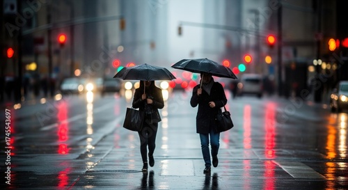 Couple walking in the rain on a city street with umbrellas