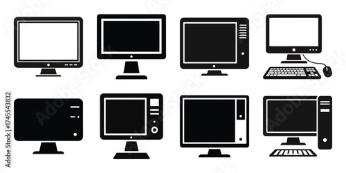 desktop computer silhouette business vector icon bundle