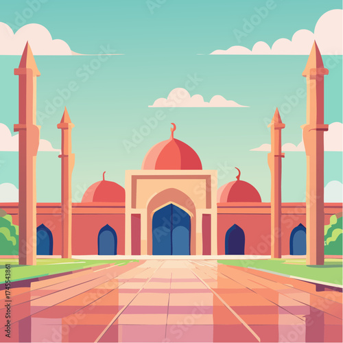 Mosque facade with minarets and courtyard