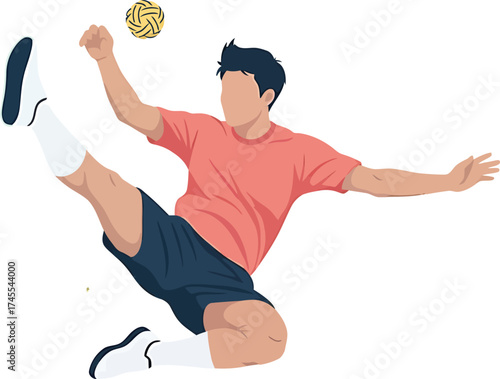Energetic athlete in mid-air, performing a powerful aerial kick to strike the woven ball. This skilled player demonstrates agility and precision in a traditional net sport