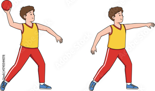 Boy throwing ball, cartoon motion sequence, sports action illustration, red pants character, physical education vector, athletic posture design