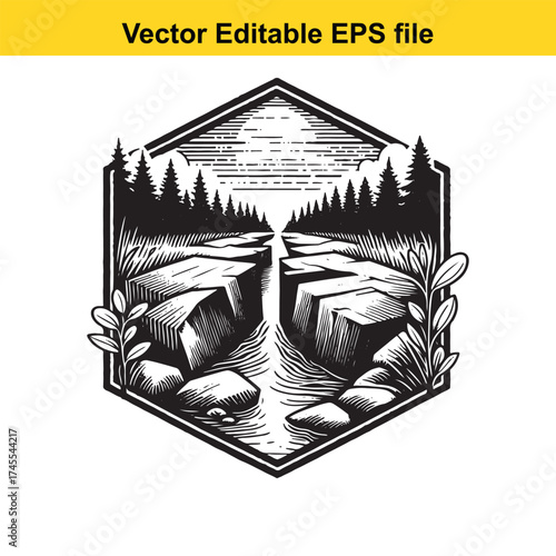 Vector art of hexagonal graphic art of a forest landscape with a river flowing through rocks