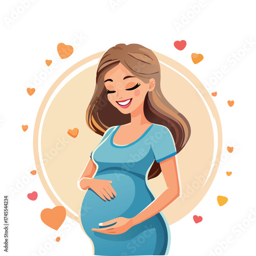 Pregnant woman looks really happy expecting her baby.  Cartoon vector element for pregnancy, parenting and motherhood theme.