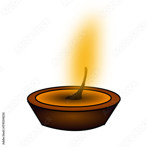 Glowing candle flame in a traditional diya lamp