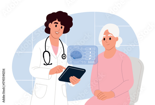 Awareness of the elderly about Alzheimers disease. Consultation, elderly woman and doctor in checkup. Alzheimer's disease awareness month.