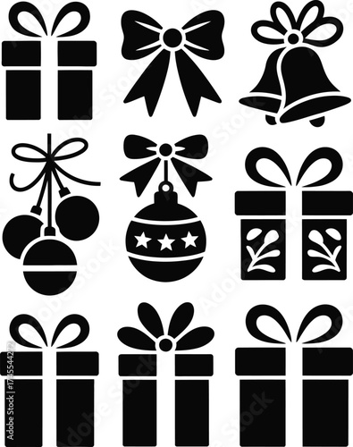 Gift boxes bells and ornaments vector icons christmas