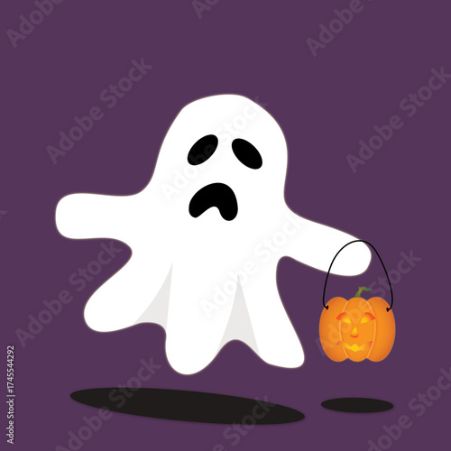 A cute white ghost floating in the air holding an orange pumpkin bucket on a dark purple background, creating a fun Halloween atmosphere.