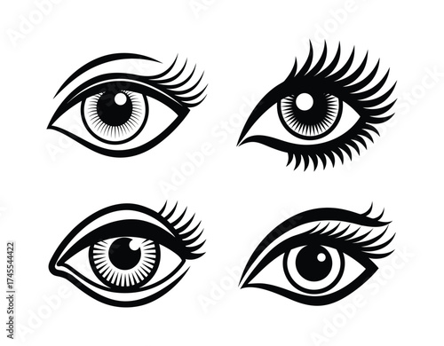 Four stylized black and white hand drawn eyes with detailed lashes isolated on transparent background