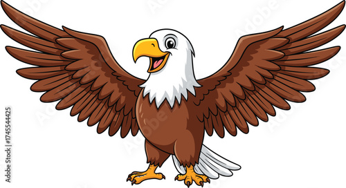 Cartoon bald eagle with spread wings, cheerful bird character sketch, yellow beak vector, freedom symbol illustration, educational wildlife concept