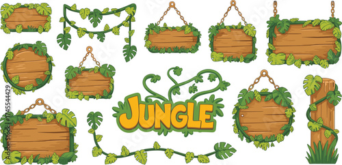 Cartoon jungle wooden signboard set with vines and leaves, tropical game design elements, adventure forest UI decoration assets