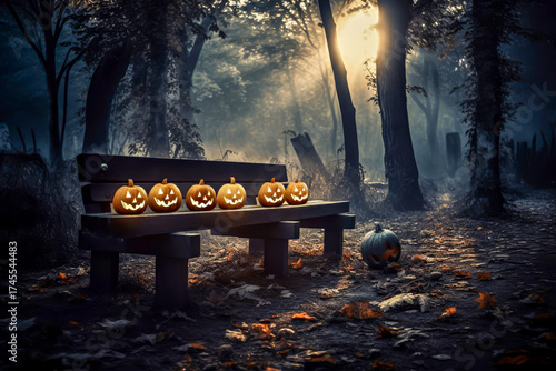 Halloween. Pumpkins. Glowing jack-o'-lanterns arranged on wooden bench in misty forest, surrounded by fallen leaves and trees, creating enchanting autumn twilight atmosphere with hint of spookiness
