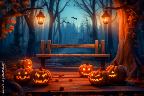 Halloween. Pumpkins. Spooky Halloween scene featuring carved pumpkins with glowing faces, surrounded by dark forest, lanterns hanging from trees, creating eerie atmosphere perfect for celebrations
