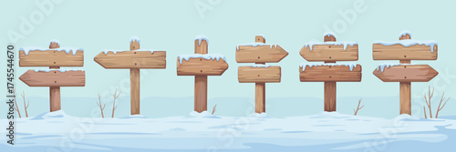 Cartoon wooden direction signs covered in snow, winter landscape illustration, frosty navigation boards, game or map design elements