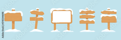 Cartoon wooden direction signs covered in snow, winter landscape illustration, frosty navigation boards, game or map design elements