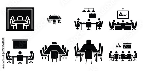 meeting room silhouette business vector icon bundle
