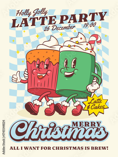 Christmas Groovy Santa Latte and Gingerbread Cake Retro Characters Poster. Cartoon Xmas Comic Illustration Card. Vector Winter Holiday Mascot Template Background. Happy Vintage Cool Drawing Isolated