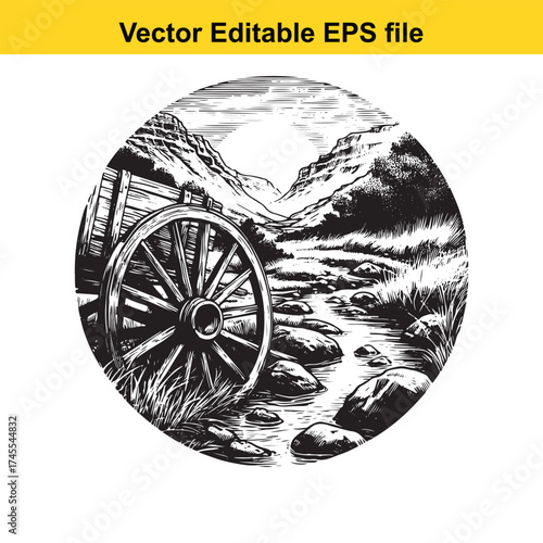 Vector art of vintage wagon wheel on a rocky stream bed in a mountain landscape