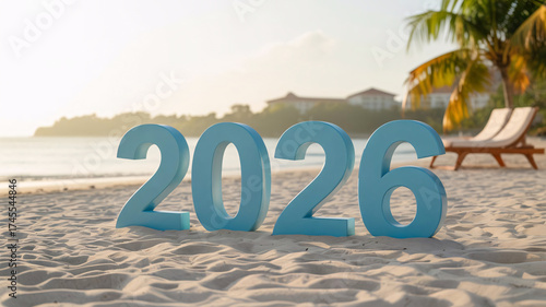 Dreaming of 2026 summer vacation on a beautiful beach with palm trees, getaway