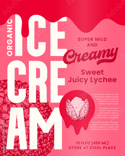 Ice Cream Vector Label Design Background Template. Fruit Sundae Product Package Banner Concept. Sweet Food Dessert Creative Colorful Card with Hand Drawn Lychee and Melting Wave Drip Sticker