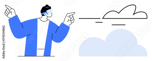 Person wearing a virtual reality headset gesturing with both hands toward stylized cloud shapes. Ideal for technology, innovation, imagination, virtual reality, future, creativity, simple flat