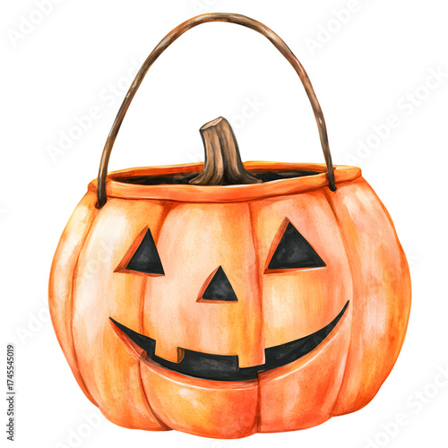 Jack-o'-lantern bucket Halloween watercolor 2D illustration isolated on transparent background.