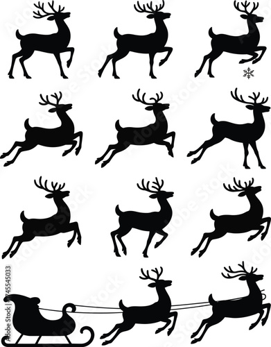 Black reindeer and sleigh silhouettes white
