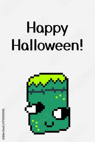Happy Halloween pixel art with cute zombie character on white background. Retro video game style vector for party flyers, cards, and social graphics.