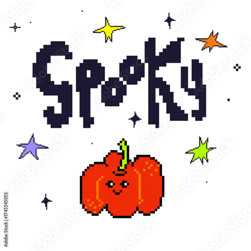 Spooky pixel art Halloween poster with pumpkin and stars on white background. Retro 8bit video game style vector for cards, party flyers, and invitations