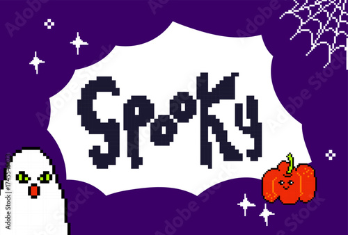 Spooky pixel art Halloween poster with ghost and pumpkin on purple & black background. Retro 8bit video game style vector for cards, invitations, and party flyers.