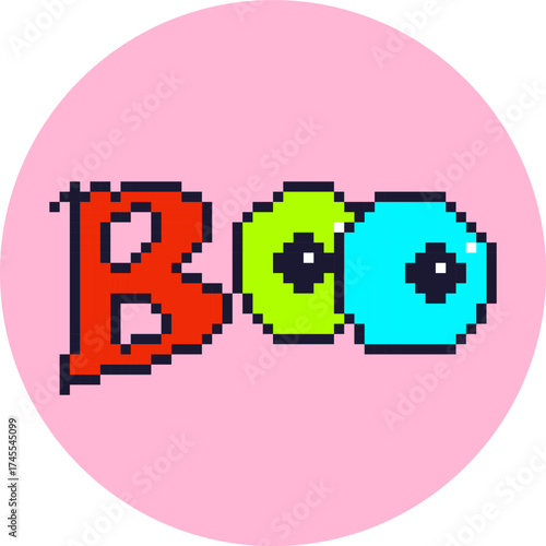 "Boo" pixel art typography stickeron pink circle. Cute 8bit video game style Halloween vector for posters, invitations, and festive party designs.