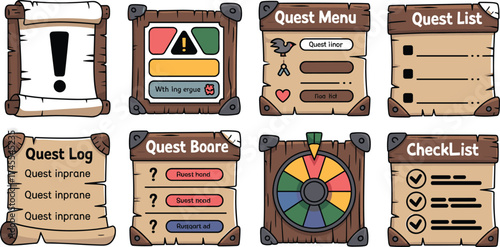 Cartoon wooden game UI elements set, fantasy adventure interface, quest menu, checklist, scroll icons, colorful RPG design assets