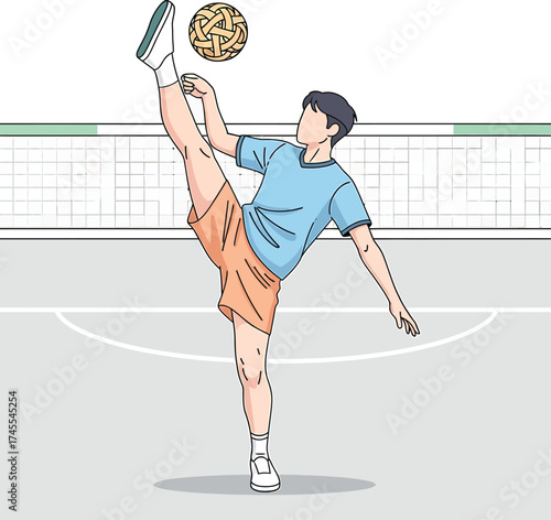 Dynamic illustration of a male Sepak Takraw athlete performing a powerful acrobatic high kick over the net, showcasing incredible agility and skill on the court