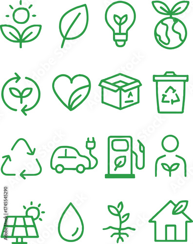 Green eco icons set for environment and nature vector design