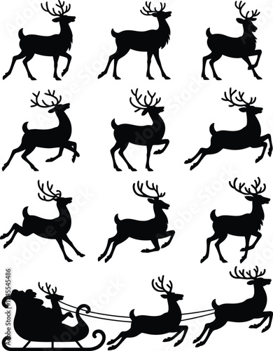 Black reindeer and sleigh silhouettes Santa Christmas