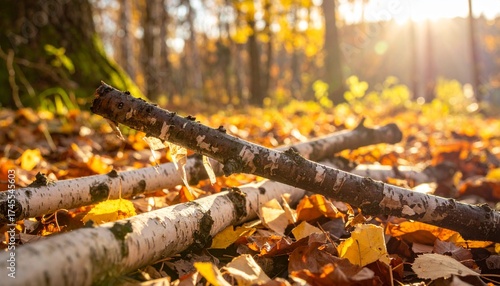 Dry birch twigs with peeling bark scattered on leaf litter in a sunlit deciduous forest
