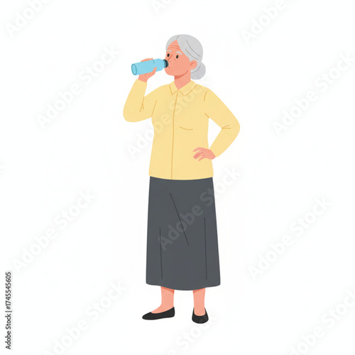 Vector illustration of a grandmother drinking fresh mineral water on a white background