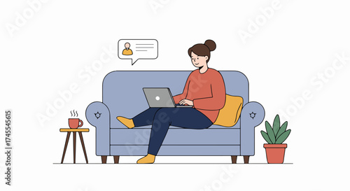 Woman working remotely on laptop at home, sitting comfortably on a sofa with coffee, enjoying flexible modern work-life balance and online communication.
