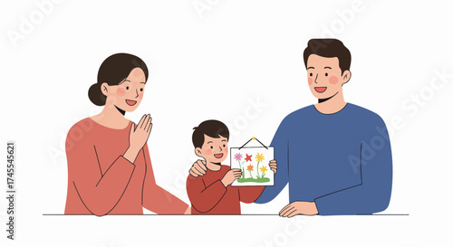Happy family moment: Son proudly presents his colorful flower drawing to his smiling parents, celebrating creativity, childhood, and family love.