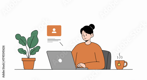 Minimalist illustration of a smiling woman working remotely on a laptop at her desk, enjoying a hot drink, embodying modern productivity and a comfortable home office lifestyle.