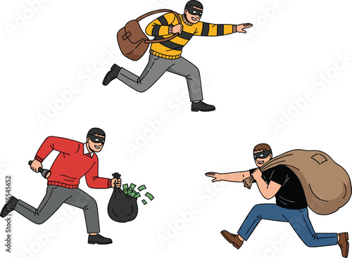 Cartoon burglars running with loot, masked thief trio sketch, crime escape vector, symbolic theft illustration, action pose character concept