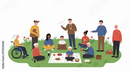 Diverse multi-generational group of friends and family enjoying an inclusive outdoor picnic in a park, celebrating togetherness and community.