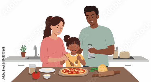 Happy diverse family preparing homemade pizza in the kitchen, enjoying a fun cooking activity together, creating delicious food and lasting memories.
