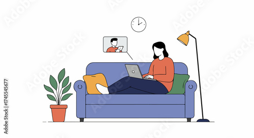 Woman working remotely on laptop from a comfortable sofa, engaging in a virtual meeting or online conference at home.