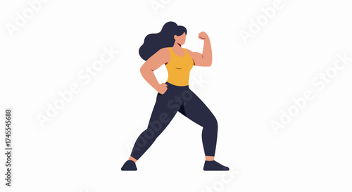 Powerful and confident woman in sportswear flexing her bicep, showcasing strength and fitness in a minimalist vector illustration.